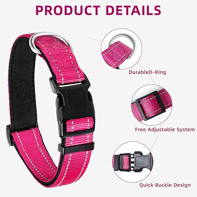 Reflective Dog Collar, Soft Neoprene Padded Nylon Pet Collar with Quick-Release Buckle, Adjustable for Mediunm Dogs,Hotpink,M, 3/4" Width