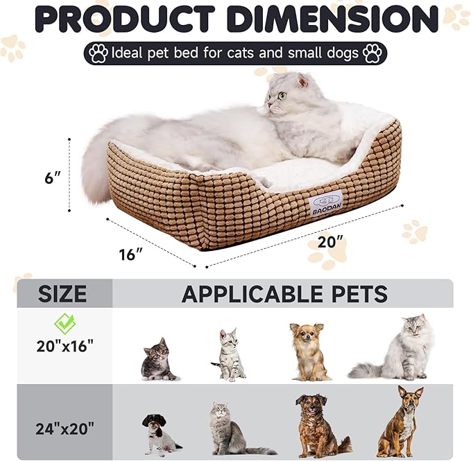 Cat Beds for Indoor Cats, Small Fluffy Pet Beds with Super Soft Fillings, Washable Dog Beds for Small Dogs and Cats, Calming Puppy Beds for Kittens, Brown/Beige, 20 inches