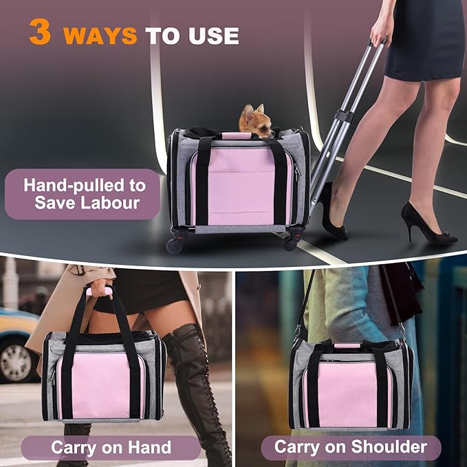 Pet Carrier Airline Approved on Wheels - Two Sided Expandable Cat Soft Carrier for Puppy and Cats Under 26lbs, Rolling Cat Carrier for Airplane, Camping, Outdoor