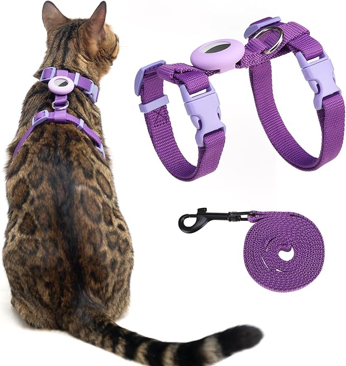 Cat Harness and Leash Set with Airtag Holder for Walking & Travelling, Escape Proof Cat Harness for Small Medium Large Kitten, Adjustable Lightweight Soft Cat Vests (Purple)