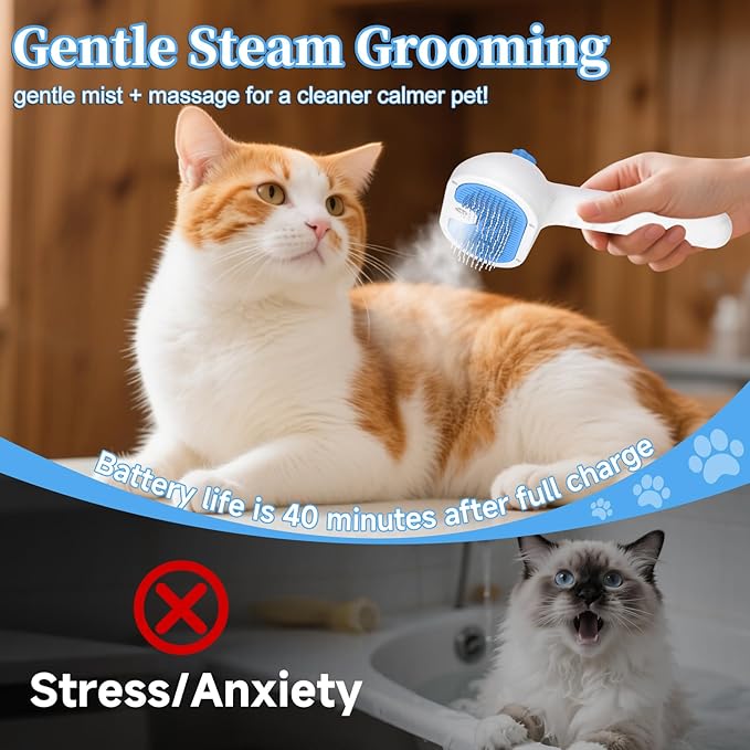 Pet Steam Brush for Dog & Cat - 3-in-1 Steam Grooming Brush for Shedding & Hair Removal - Self Cleaning Spray Comb with Mist for Long Haired Pets - Includes 1*Waterless Shampoo, Blue
