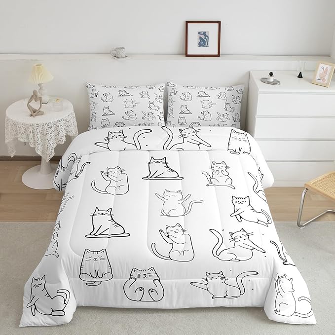 Erosebridal Cute Cat Bedding Full for Girls Boys Kids Funny Animal Comforter Set, Kawaii Pet Bedding Comforter Sets White Kitten Duvet Insert, Yoga Ballet Dance Quilted Comforter Decoratives 3 Pieces