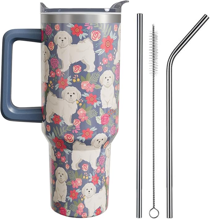 Shih Tzu Gifts for Women Dog Lovers 40 oz Floral Shih Tzu Tumblers with Handle and Straw, Stainless Steel Vacuum Insulated Travel Coffee Mug Cup Water Bottle