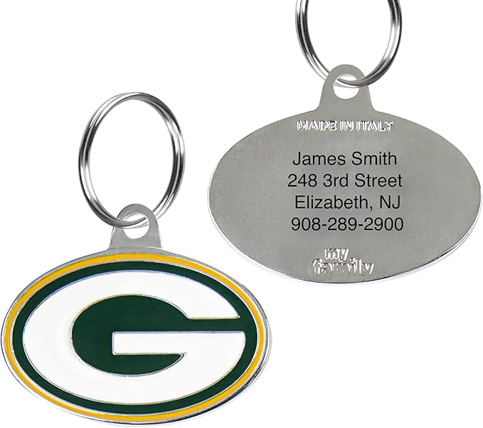 NFL Green Bay Packers Engraving Pet ID Tags in 32 Team Logo Shapes Personalized Dog Tags and Cat Tags with 3 Lines of Customizable Text for Tracking & Safety. Stainless Steel Pet ID Tracking Tags