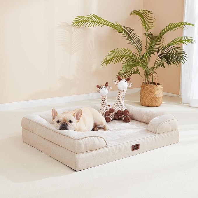EHEYCIGA Orthopedic Dog Beds for Large Dogs, Waterproof Memory Foam Large Pet Bed with Sides, Non-Slip Bottom and Egg-Crate Foam Dog Couch Bed with Washable Removable Cover, Beige