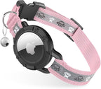 Reflective AirTag Cat Collar, Integrated Cat Tracker Collar with Air Tag Holder and Bell, Safety Elastic Band Cat GPS Collars for Girl Boy Cats, Kittens and Puppies (Pink, S)