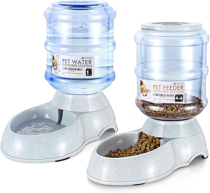 Flexzion Automatic Pet Feeder & Waterer Set of 2 Pack, Self Feeding Replenish Dog Cat Bowls, Gravity Food & Water Storage Container Fountain Jug Pet Supplies Plastic Skid Proof Rubber Feet (1 Gallon)