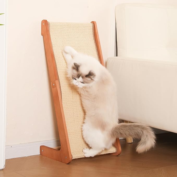 Large-28.5" Sisal Cat Scratcher of L-Shaped Solid Wood Cat Scratching Post - Beechwood Base, Natural Sisal Woven Scratching Pad, Durable, Furniture Protector for Cats' Clawing and Play