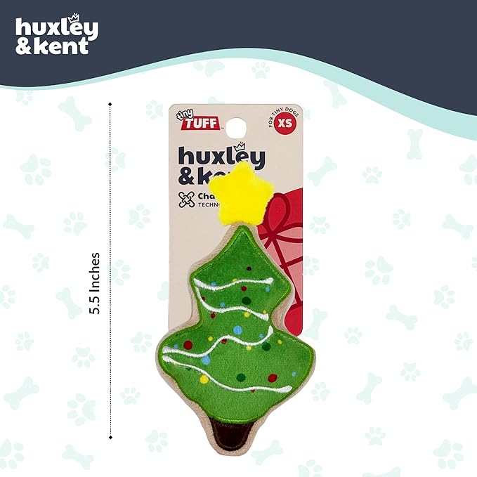 Huxley & Kent Funny Dog Toy w/Squeaker – Holiday Power Plush Squeaky Dog Toys for Small Dogs – Durable Small Stuffed Animal for Indoor Play & Fetch - Tiny Tuff Christmas Tree Cookie