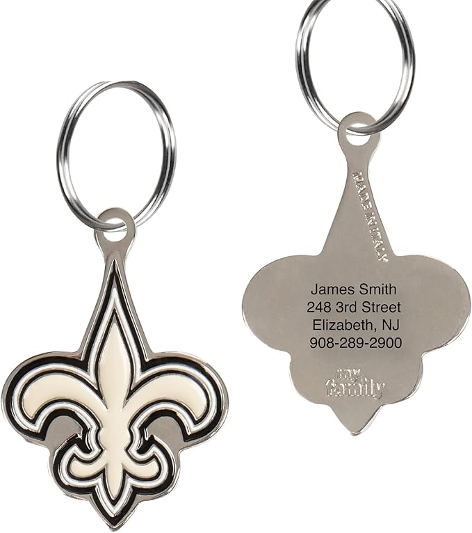 NFL New Orleans Saints Pet ID in 32 Team Logo Shapes - Engravable Stainless Steel Dog & Cat Tags - 3 Lines of Custom Text for Tracking & Safety