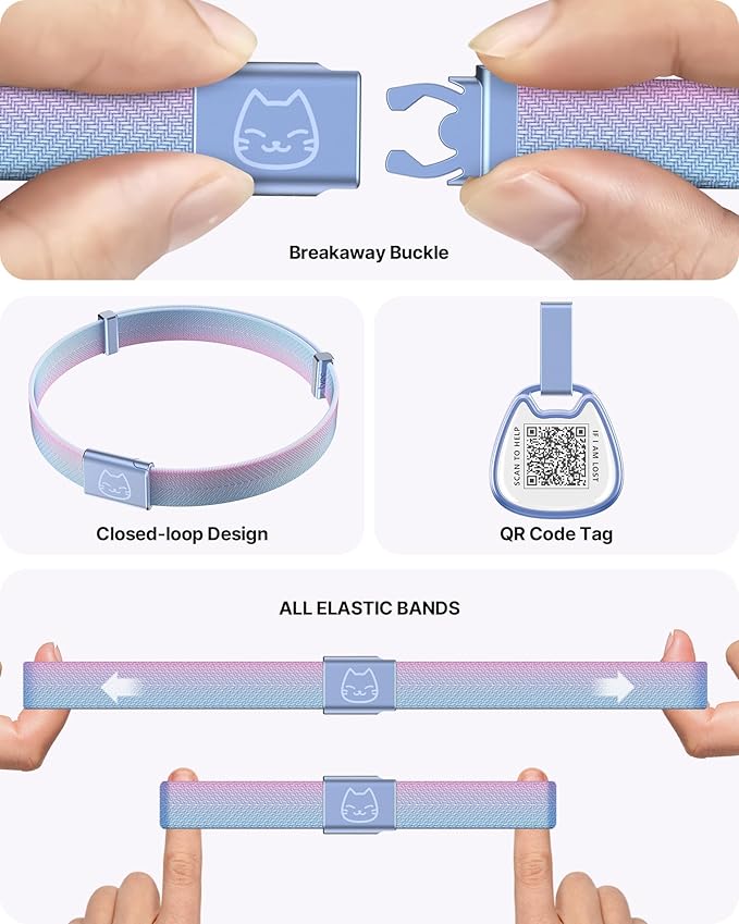 Cat Collar with QR Code Name Tag, Breakaway Kitten Collar for Boy & Girl Cats, Ultra Soft Elastic Adjustable Band, Safety Break Away Buckle, Comfortable & Secure Pet ID Collar (6"-12"), Iridescent