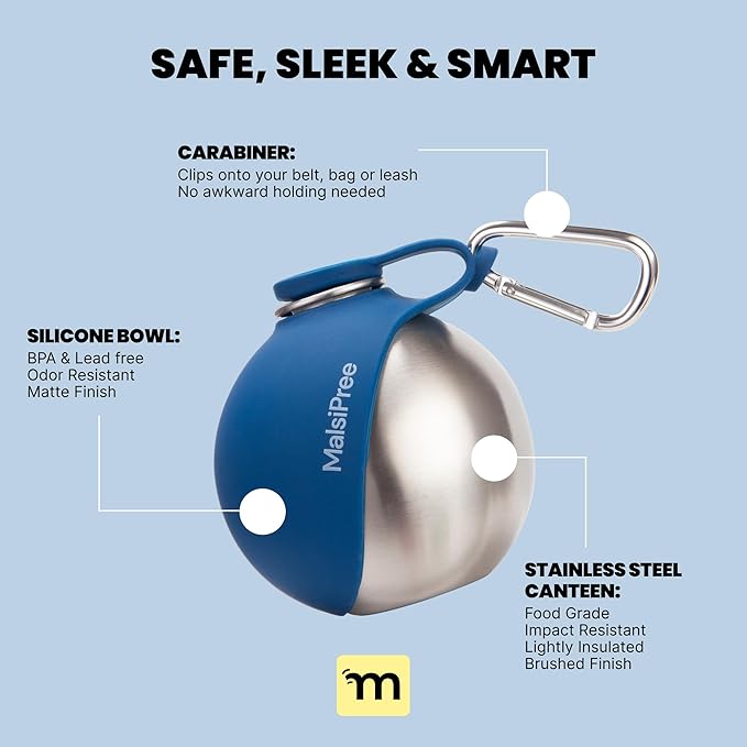 Malsipree 2-in-1 Portable Dog Water Bottle & Bowl for Small Dogs - Leak Proof & Insulating - Travel Water Dispenser - Stainless Steel Bottle & Silicone Bowl - Walking & Hiking (10 fl oz, Navy)