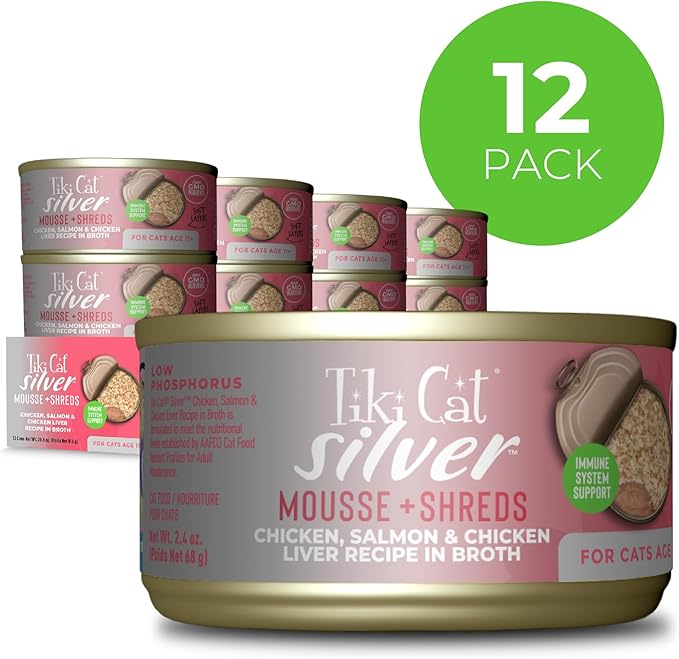 Tiki Cat Silver Comfort Mousse + Shreds, Chicken, Salmon & Chicken Liver Recipe, Immune System Support Formulated for Older Cats Aged 11+, Senior Wet Cat Food, 2.4 oz Cans (Pack of 12)
