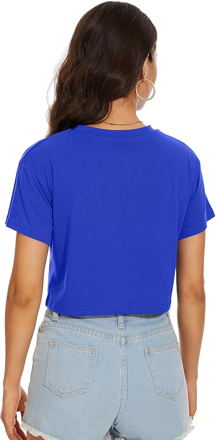 Womens Summer Crop Tops Short Sleeve Round Neck T-Shirts Loose Fit Casual Blouse