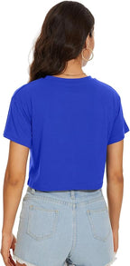 Womens Summer Crop Tops Short Sleeve Round Neck T-Shirts Loose Fit Casual Blouse