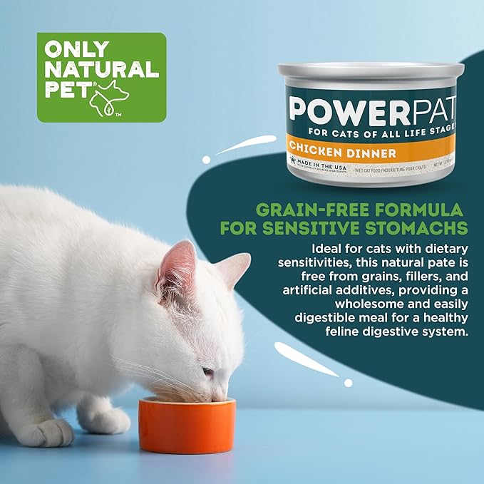 Only Natural Pet PowerPate Grain-Free Chicken Dinner Wet Cat Food - Holistic, High Protein w/Chicken & Broth - Balanced Nutrition for Kitten & Cats of All Life Stages, 2.75 oz Cans, Case of 12 (C)
