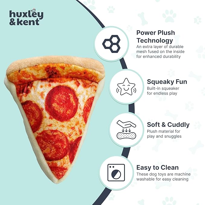 Huxley & Kent Funny Dog Toy w/Squeaker – Power Plush Squeaky Dog Toys for Small, Medium & Large Dogs – Soft Stuffed Animal for Indoor Play & Fetch - Pup-eroni Pizza, Small