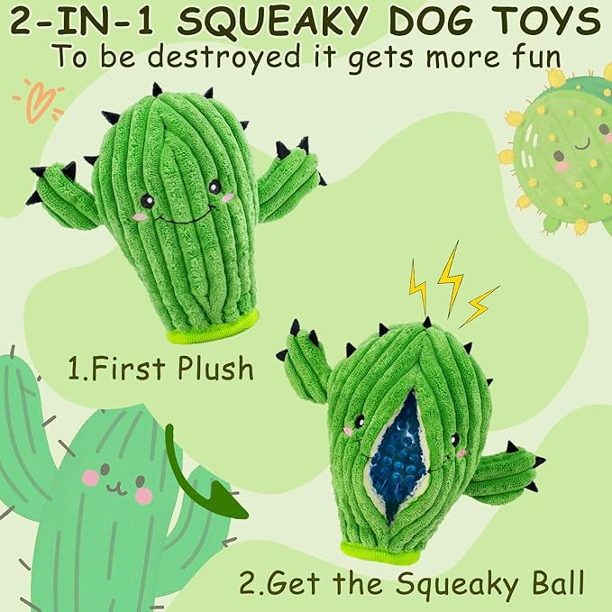 No Stuffing 3 Pack Squeaky Dog Toys- 2 in 1 Interactive Plush Dog Toy- Cactus Shaped Rip and Reveal Toy for Puppies- Perfect for Indoor & Outdoor Play- Training & Toss & Play