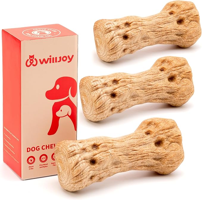 Willjoy 3-Pack Dog Chew Toys for Aggressive Chewers, Pine Wood & Tough Nylon, Bone Shaped Indestructible Dog Toy, Natural Looking Grooves & Textured, Bacon Flavor Large Dog Toys to Keep Them Busy