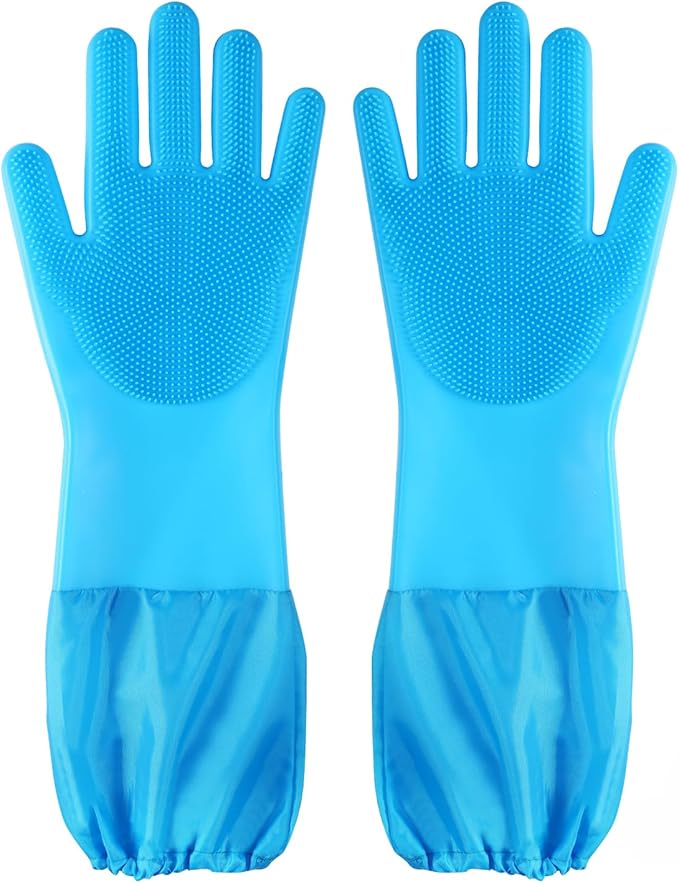 Dog Washing Gloves | Pet Grooming Gloves | Extra Long Arms (17.3") for Cats & Dogs | Massage & Hair Removal Pet Glove(Blue)