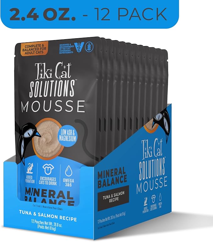 Tiki Cat Solutions Mineral Balance Mousse, Supports Urinary Health, Tuna & Salmon Recipe, 2.4 oz. Pouch (12 Count)