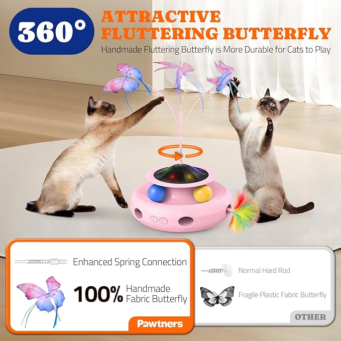 Pawtners Interactive Cat Toy 4 in 1 Automatic Cat Toy for Indoor Cats, Electric Kitten Toy with Rechargeable Battery, Self Play Kitty Toys with Fluttering Butterfly, Track Ball and Feather Pack, Pink