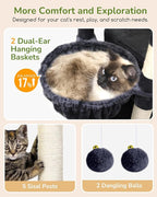 Globlazer Heavy Duty Cat Tree, 74in Sturdy Cat Tower for Large Cats Adult, Big Cat Tree with 5 Sisal Scratching Posts, 2 Padded Condos, 2 Dual-Ear Hanging Baskets, Enlarged Top Perch, S74, Dark Grey