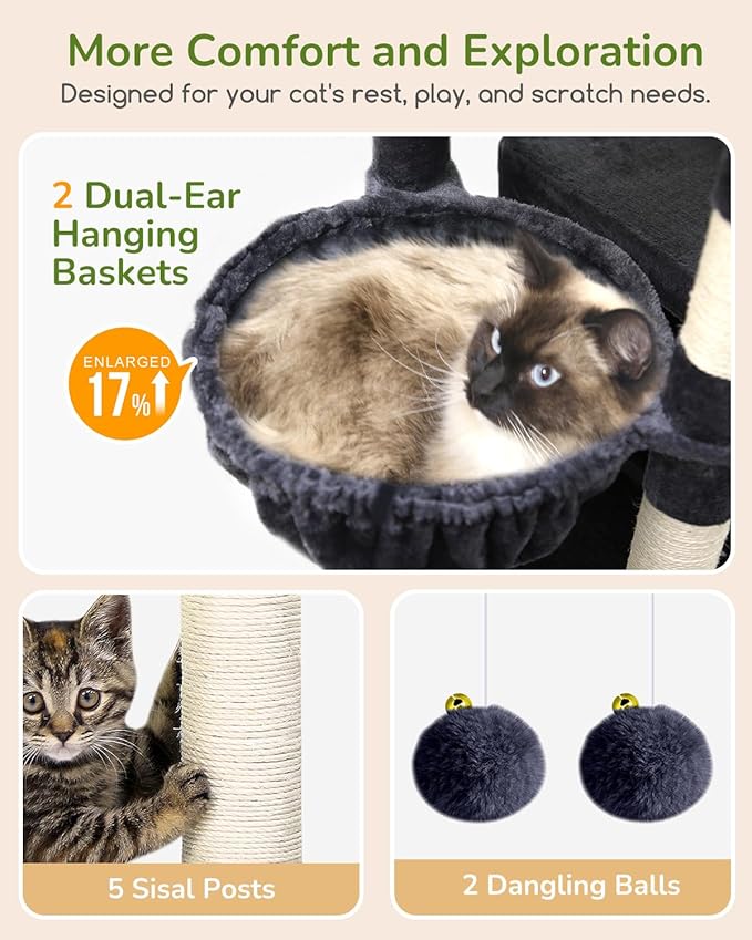 Globlazer Heavy Duty Cat Tree, 74in Sturdy Cat Tower for Large Cats Adult, Big Cat Tree with 5 Sisal Scratching Posts, 2 Padded Condos, 2 Dual-Ear Hanging Baskets, Enlarged Top Perch, S74, Dark Grey