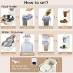 2 Pack Automatic Cat Feeder and Stainless Steel Water Dispenser, Gravity Dog Waterer Set Food Feeder and Waterer Set for Small Medium Kitten Puppy Pets (1 Gallon x 2, Ivory White)