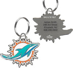 NFL Miami Dolphins Engraving Pet ID Tags in 32 Team Logo Shapes Personalized Dog Tags and Cat Tags with 3 Lines of Customizable Text for Tracking & Safety. Stainless Steel Pet ID Tracking Tags