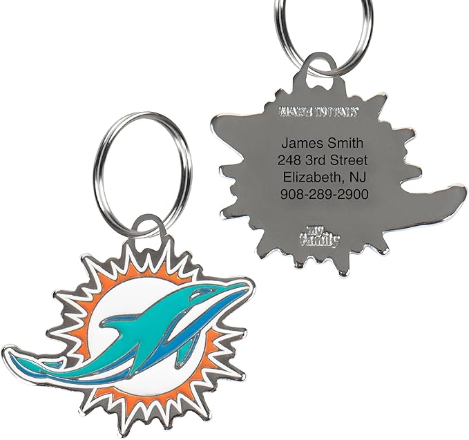 NFL Miami Dolphins Engraving Pet ID Tags in 32 Team Logo Shapes Personalized Dog Tags and Cat Tags with 3 Lines of Customizable Text for Tracking & Safety. Stainless Steel Pet ID Tracking Tags