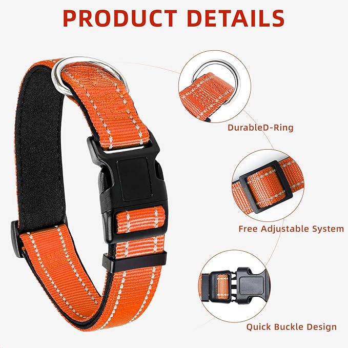 Reflective Dog Collar, Soft Neoprene Padded Nylon Pet Collar with Quick-Release Buckle, Adjustable for Mediunm Dogs,Orange,M, 1" Width