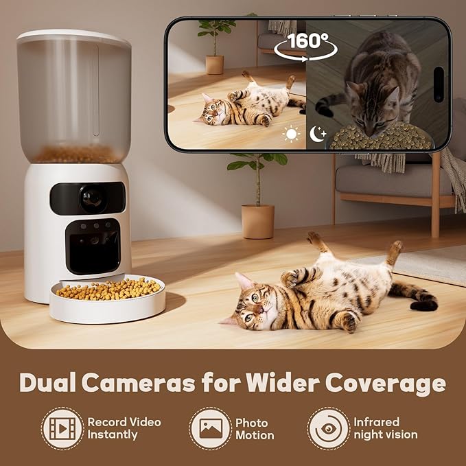 Dual Lens Pet Feeder with Camera, 1080P Video, AI Pet Detection, Night Vision, 2.4/5G WiFi, Interactive Features, App Control, 2-Way Audio, Auto Feeding & Freshness Preservation, 6L