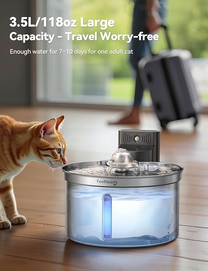 Wireless Stainless Steel Cat Water Fountain- Safe Water-Electric Isolation, 3.5L Capacity with 4000mAh Detachable Battery, XL Filter, Ultra-Quiet Pump, Battery Operated Smart Sensing for Cats & Pets