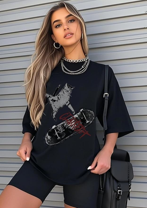 Y2k Graphic Unisex Tees Rock Guitar Cat T-Shirt Short Sleeve Oversized Tee Vintage Retro Grunge Streetwear Shirts
