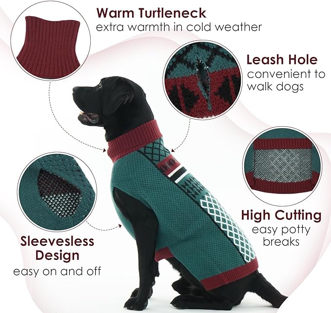 Dog Sweaters for Large Dogs, Warm Turtleneck Sweater with Leash Hole, Thermal Winter Knitwear for Cold Weather Walk Sleep, 2XL Dog Christmas Sweater for Pitbull Clothes, Green XXL