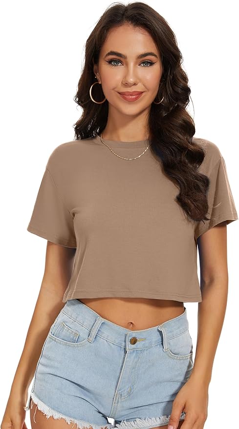 Womens Summer Crop Tops Short Sleeve Round Neck T-Shirts Loose Fit Casual Blouse