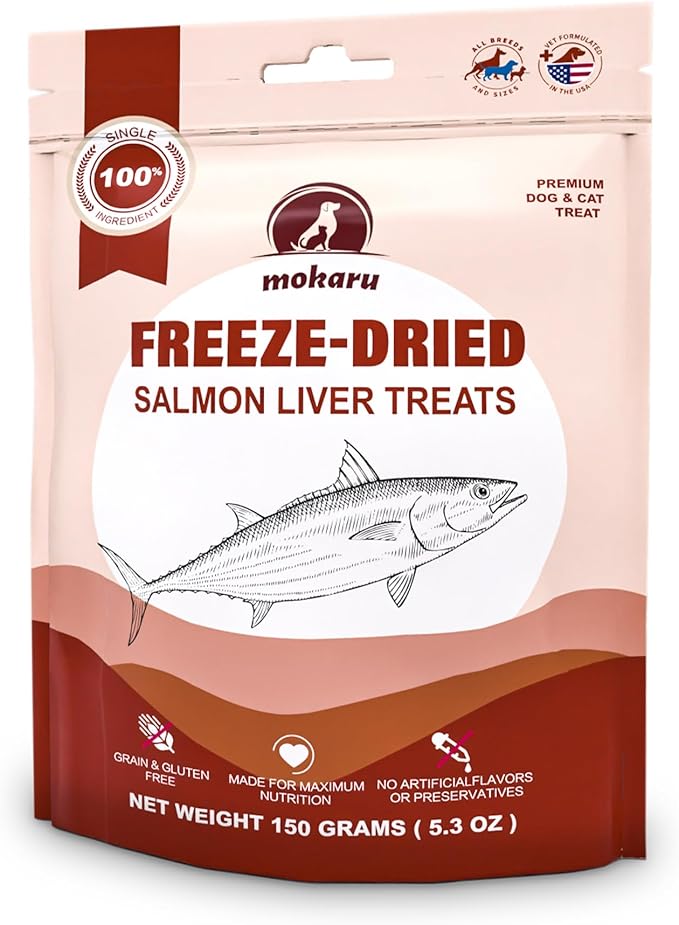 Freeze-Dried Salmon Liver Treats for Dogs & Cats, High Protein, Grain-Free, Single Ingredient, Healthy Training Snacks, Freeze Dried Salmon Dog & Salmon Cat Treats, 150g (5.3oz)