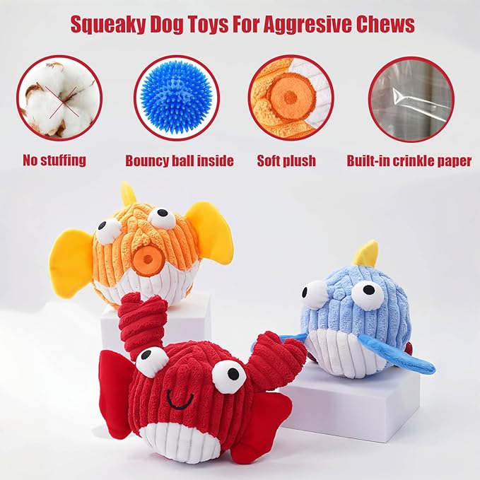Squeak Dog Toys for Aggressive Chewers, No Stuffing Squeak Dog Chew Toys for Aggressive Chewers, Interactive Dog Toy Ball with Crinkle Paper for Medium Dogs, Large & Small Breeds (B-Blue Whale)