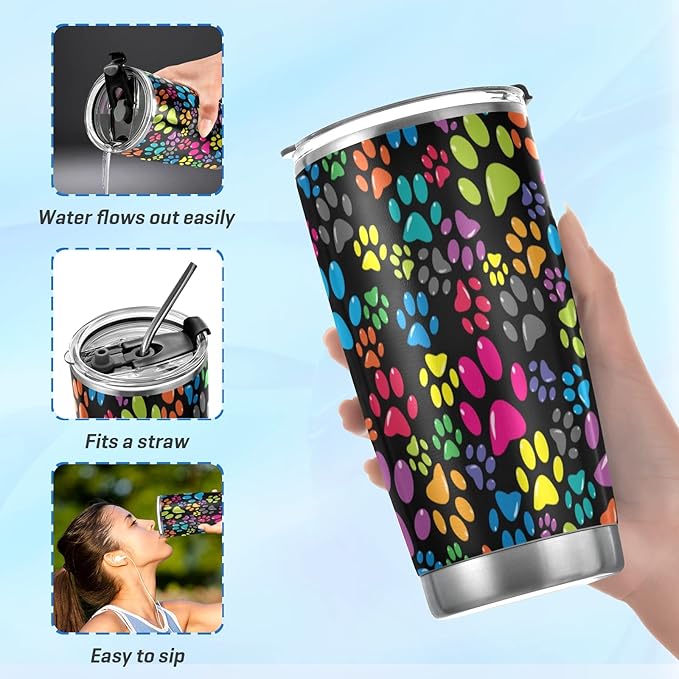 Tumbler Rainbow Dog Paw Cute Insulated Coffee Cup Beverage Container Travel Mug with Straw and Lid Double Wall Stainless Steel 20oz BPA-Free for Sport, Back to School