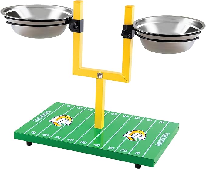 NFL Los Angeles Rams Goalpost Football Field Dog Feeder – Adjustable Elevated Dog Bowls with Stand, 2 Stainless Steel Bowls, Non-Slip Rubber Feet, Raised Pet Feeder for Large & Small Dogs, Cats.
