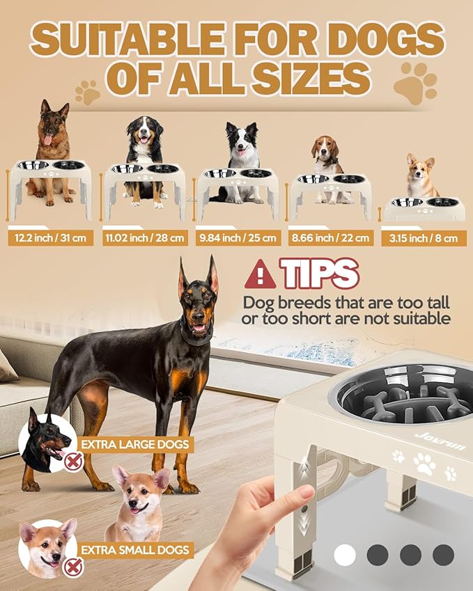 Elevated Dog Bowls, Dog Feeder with 2 Stainless Steel Dishes &1 Slow Feeder Bowl, 5 Heights Adjustable Raised Stand for Medium Large, Food Dishes with Non-Slip Feet