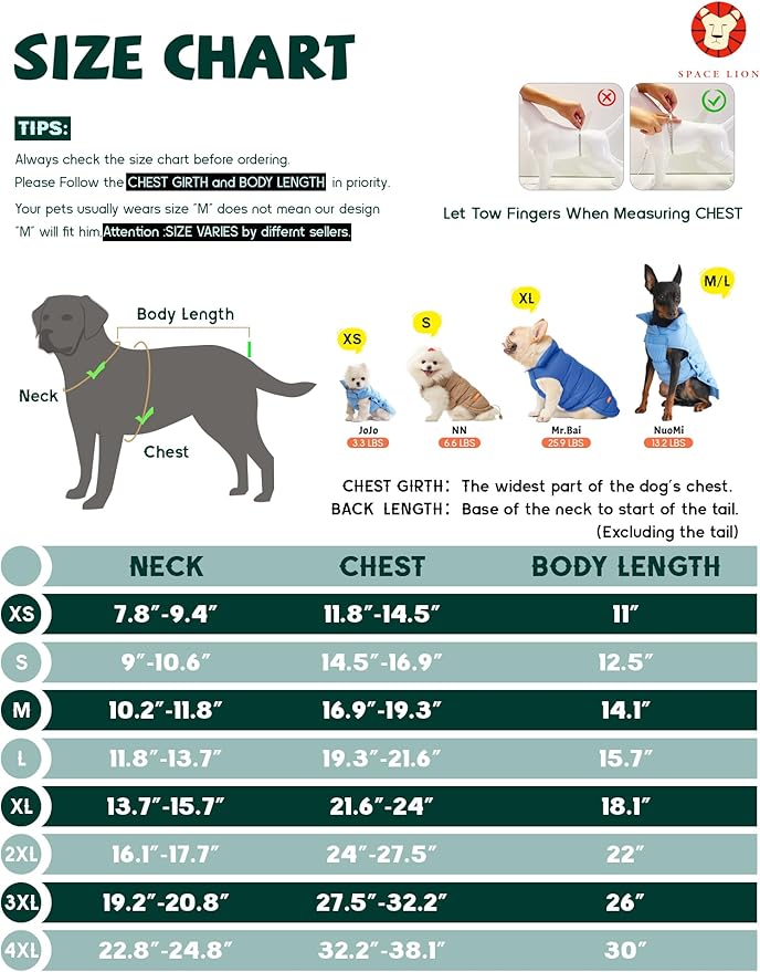 SPACE LION Puffer Jacket, Down Winter Coat, Waterproof, Windproof, Lightweight Jacket, Adjustable Fit for Small to Large Dogs (Black, 2XL)