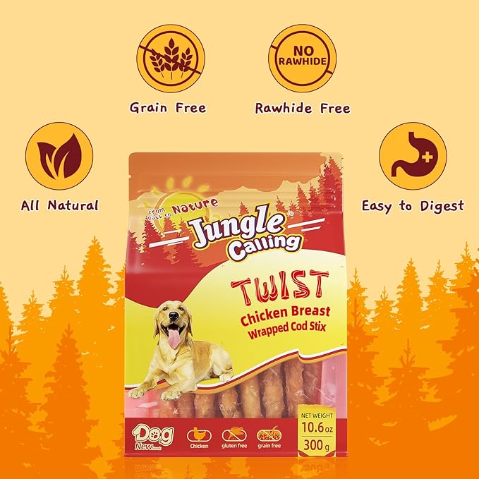 Jungle Calling Rawhide Free Treats for Dogs, Chicken Wrapped Cod Sticks Dog Treats, Soft Chewy Snacks for Training Rewards, 10.6 oz (Chicken)