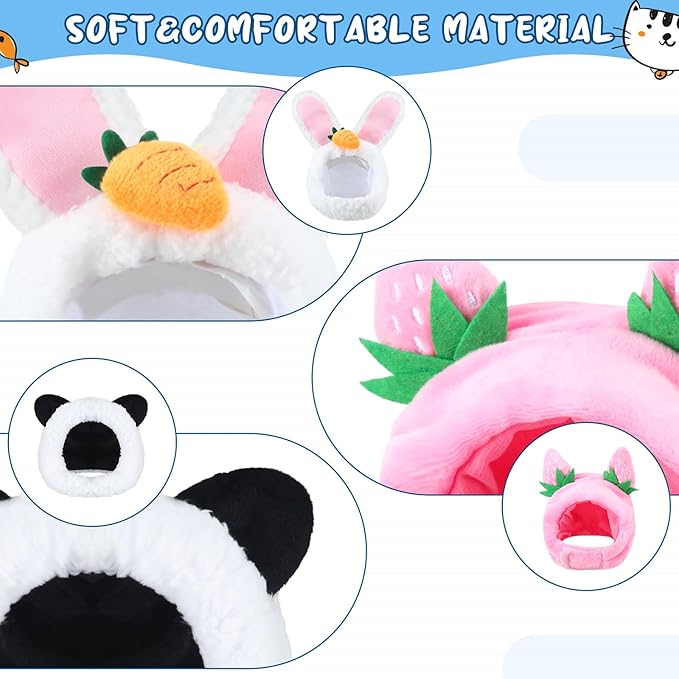 Weewooday 5 Pcs Cat Adorable Costume Bunny Hat with Ears Funny Mane Cat Hat for Pets and Small Dogs Kitten Puppy Party Costume Accessory Headwear(Panda, Rabbit, Pineapple, Strawberry, Flower)