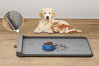 Dog Food Mat - Silicone Dog Mat for Food and Water - 28" x 20" Pet Feeding Mats with Residue Collection Pocket - Waterproof Dog Cat Bowl Mat with High Edges to Prevent Water Food Spills (Gray)