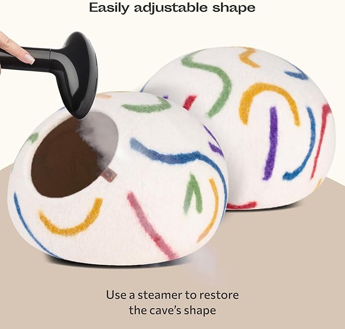 MEOWFIA Cat Cave – Premium Felt Cat Bed for Indoor Cats, Handmade 100% Merino Wool (Vivid Shades) (Medium, Ivory Rainbow)