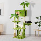 65in Tall Cat Tree with Leaves for Indoor Cats, Green Cat Tower with Scratching Post,Hanging Hammock,Cozy Perch,Swing Ball,Self Groomer and Cat Ladder,Cat Tree Tower