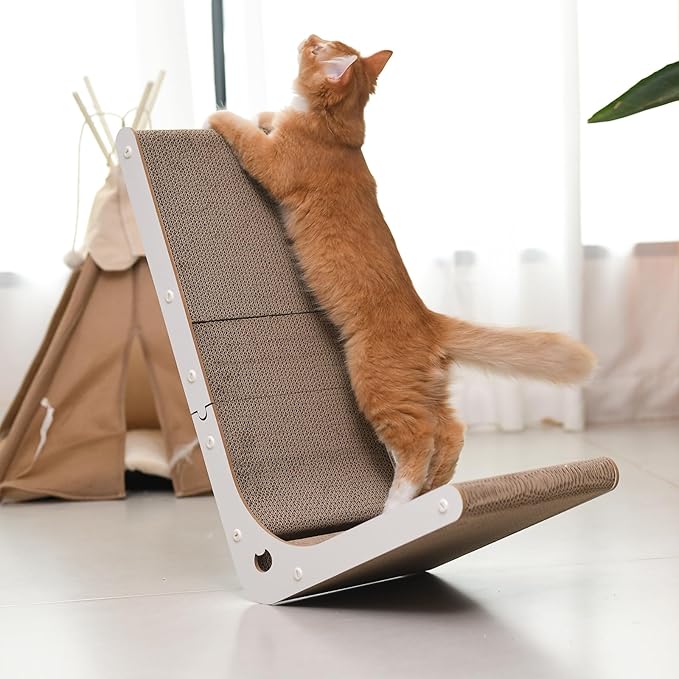 Cat Scratcher Cat Claw Board L-Shaped Vertical Simple and Durable Cat Claw Board Not Easy to Drop Scraps Belt Bell Ball Cat Scratching Board(White)