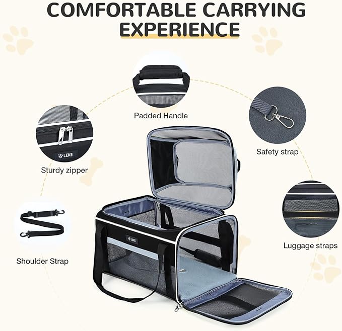 Lekereise Top-Expandable Pet Carrier - TSA Airline Approved Soft Sided Underseat Up to 22lbs Travel Carriers for Small Cats and Dogs with Locking Safety Zippers Anti-Scratch Mesh Black Large